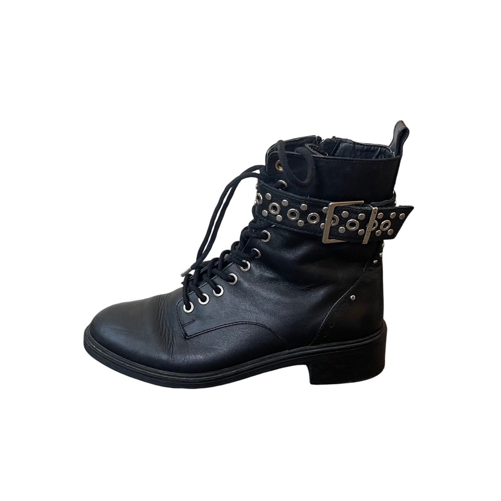 Zara Black Studded Lace Up Combat Boots Size 6.5 Biker Goth Grunge Emo Military - Picture 7 of 12